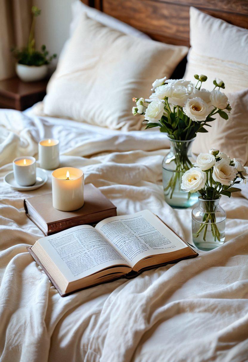 A warm, inviting bedroom scene bathed in soft, natural light, featuring an open book on a fluffy bedspread entitled 'Healthy Intimacy.' In the background, there are subtle elements of connection, like intertwined hands and a calming vase of fresh flowers, symbolizing love and trust. A cozy atmosphere that represents relationship success, with soft pillows and gentle colors enhancing intimacy. super-realistic. soft tones. cozy ambiance.