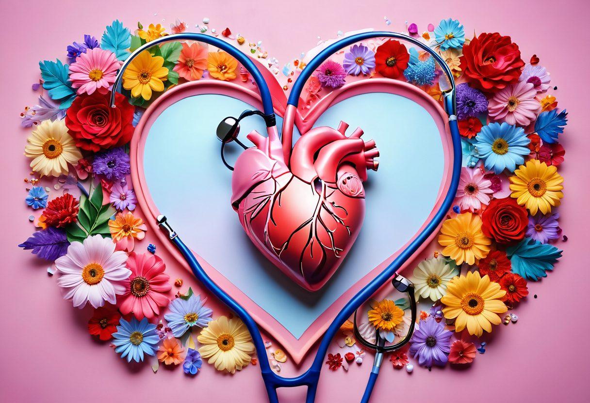 A heart intertwined with a stethoscope, symbolizing the connection between love and health. Surrounding the heart are diverse couples joyfully interacting in various romantic settings, embodying relationship success. The background is vibrant with soft pastel colors, suggesting warmth and intimacy. Elements like flowers and sparkles enhance the theme of empowerment in love life. super-realistic. vibrant colors. soft pastel background.